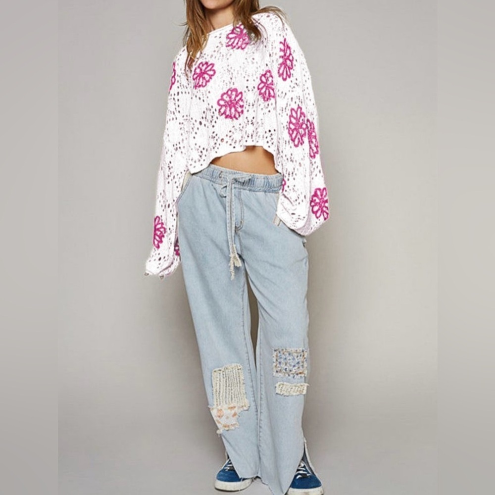 White and Pink Floral Lace Women's Top